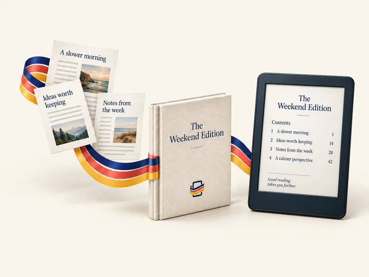 Navy, coral and gold ribbons bring articles together into a book and carry it to an eReader.