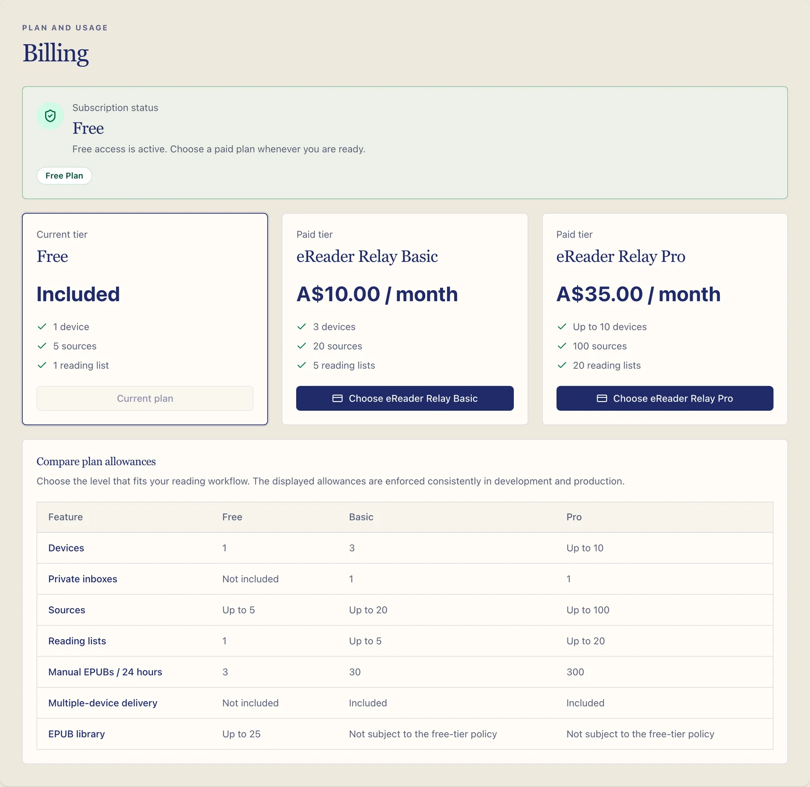 Billing page showing the demo account plan and available tiers