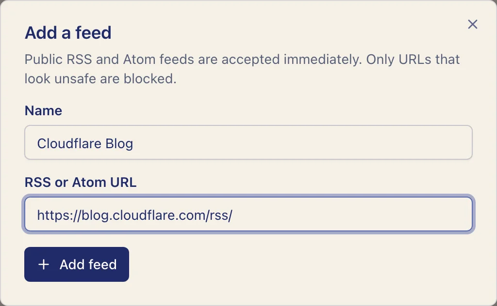 Add feed form with the public Cloudflare Blog RSS URL